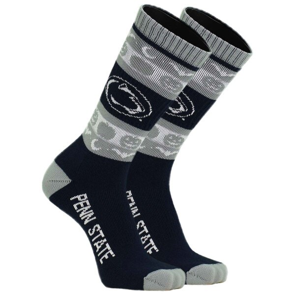 navy, white, and gray socks with Penn State, Athletic Logo, pumpkins, bats, and moons